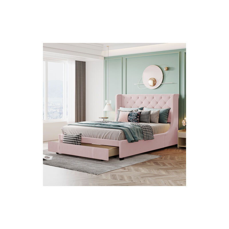 Liberté - Lit double rembourré 140 x 200 cm, avec sommier à lattes, dossier et grands tiroirs, pour adulte et jeune en tissu Pro-Linen, rose (matelas