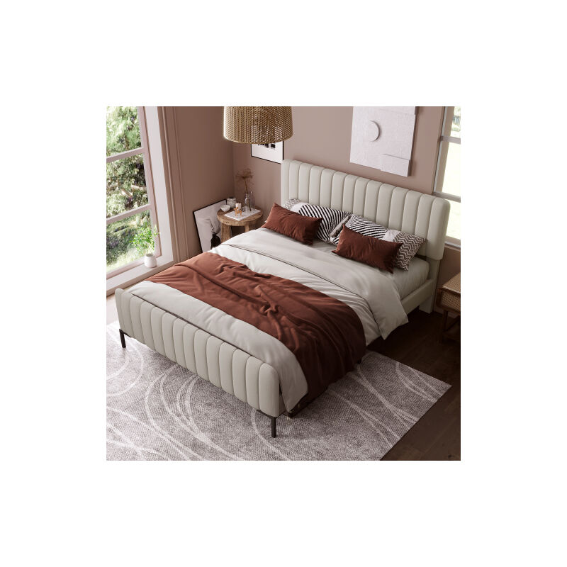 Lit double rembourré 140 x 200 cm, cadre de lit avec sommier à lattes et tête de lit réglable, lit rembourré en gris-beige, cadre de lit pour lit