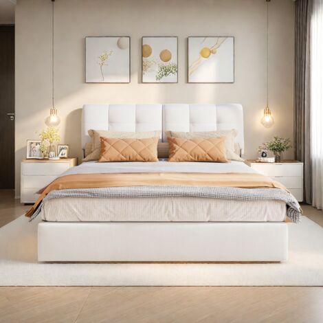 Lit double rembourré 140 x 200 cm, éclairage LED, matelas pneumatique avec rangement, sommier à lattes, sans matelas, flanelle, beige (livraison locale)