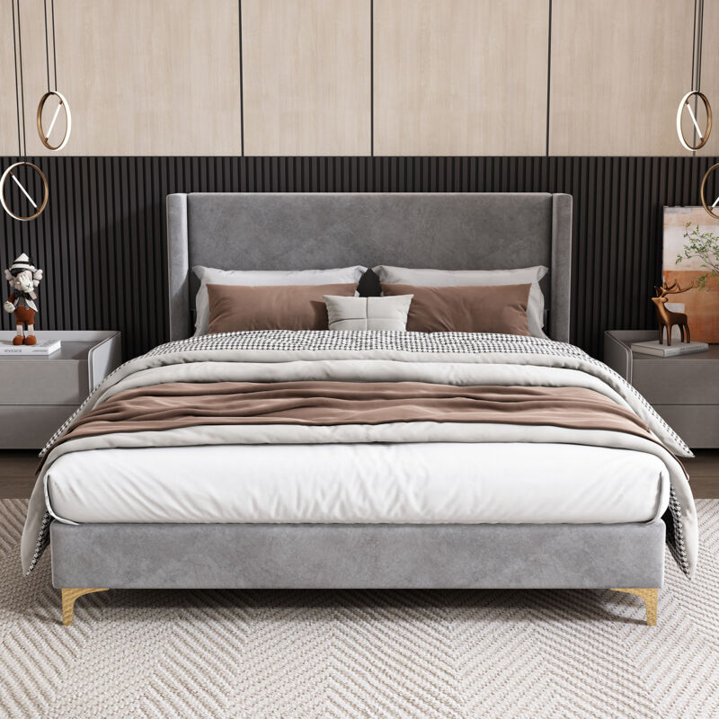 Lit double rembourré 140 x 200 cm, Lit adulte en velours, Gris, sans matelas