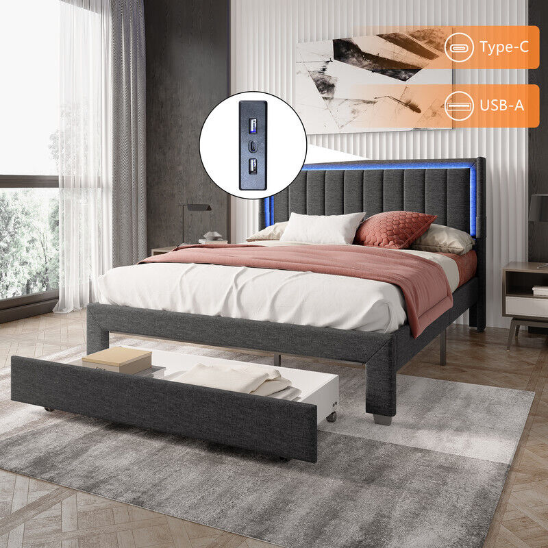 Lit double rembourré 160 x 200 cm, tissu lin, éclairage led orientable, 1 grand tiroir sur roulettes, avec ports usb et Type-C, lit adulte et ado,