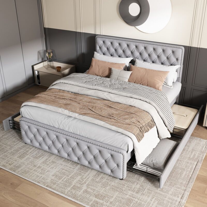 Eifson - Lit double rembourré 140x190 cm, tête de lit réglable en hauteur, décor boutons, avec quatre tiroirs de rangement, sommier à lattes, lin