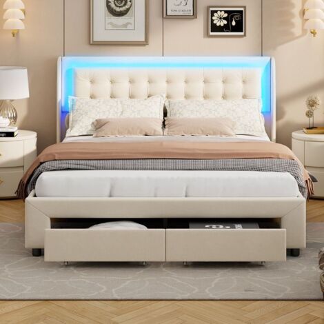 Lit double rembourré 140x190 cm,Sommier à lattes,Lit 2 personnes,LED et 2 Tiroirs,Rangement hydraulique,Lit coffre en velours beige