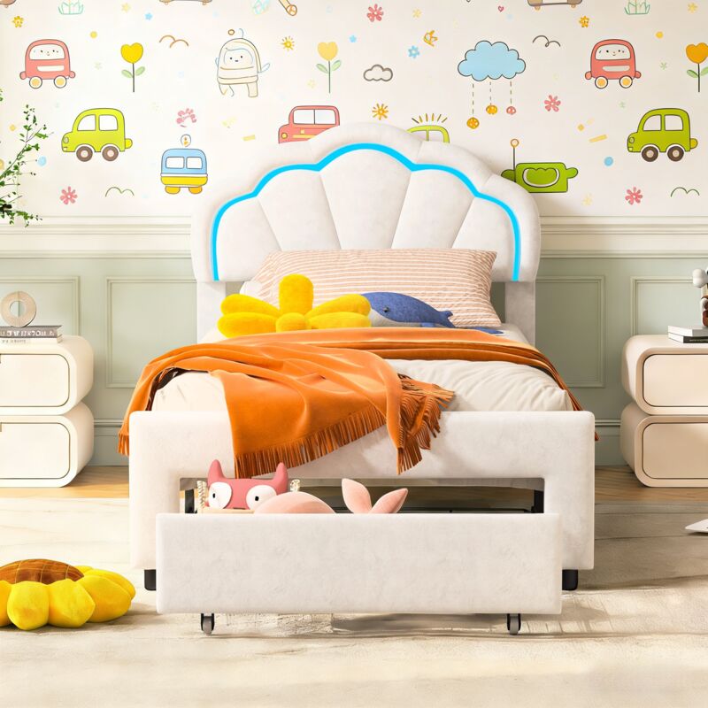 Lit simple rembourré 90x200 cm avec tiroirs, Lit enfant 90x200 cm avec tête de lit de coquillage réglable, LED intégré, Sommier à lattes, Velours,
