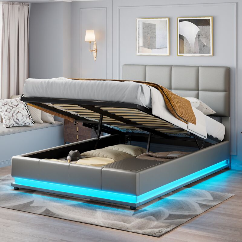 Lit coffre 140x200 cm, avec système d'éclairage led, pu, ​​rangement hydraulique, sommier à lattes, structure en métal, convient aux adolescents et