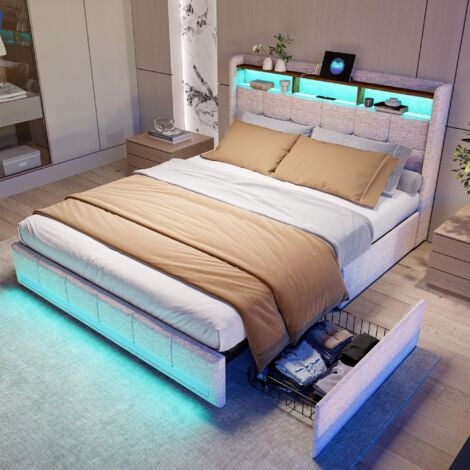 EIFSON Lit double rembourré 140 x 200 cm, avec lumière LED contrôlable, avec 2 ports USB et 1 connexion tpcy-c, avec quatre tiroirs, en lin, adapté aux adultes et adolescents - Beige