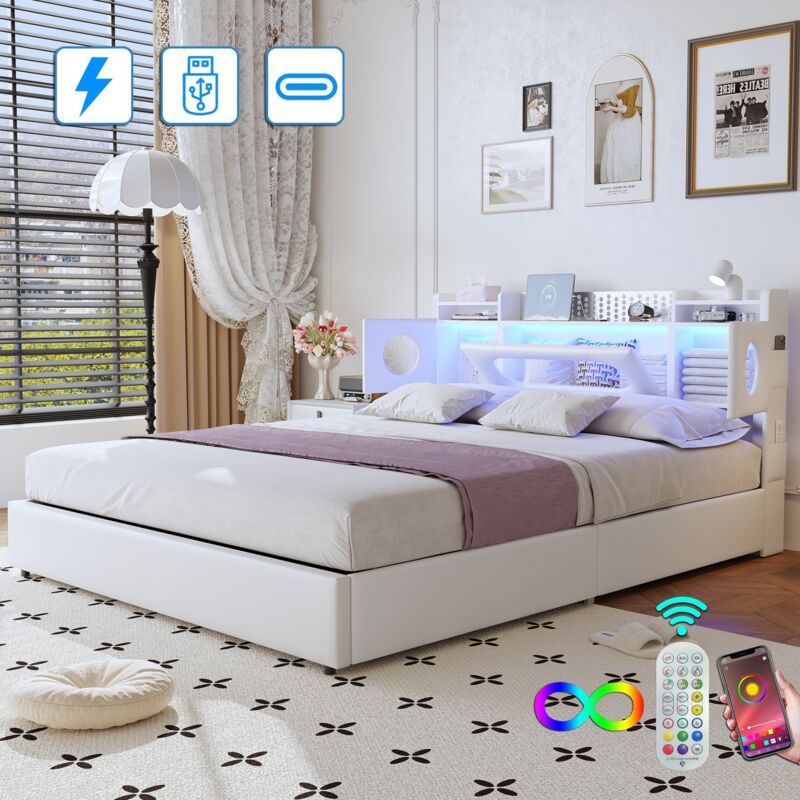 Lit double rembourré 140x200 cm, avec tête de lit LED et rangement, charge USB et Type-C, PU, lit pour adolescents - Blanc