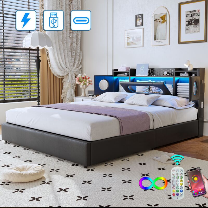 Lit double rembourré 140x200 cm, avec tête de lit LED et rangement, charge USB et Type-C, PU, lit pour adolescents - Noir