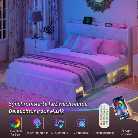 Lit double rembourré 140x200 cm tissu blanc moelleux. Port USB et bande lumineuse LED,6 tiroirs de rangement,capacité 800 lbs,vendu sans matelas.