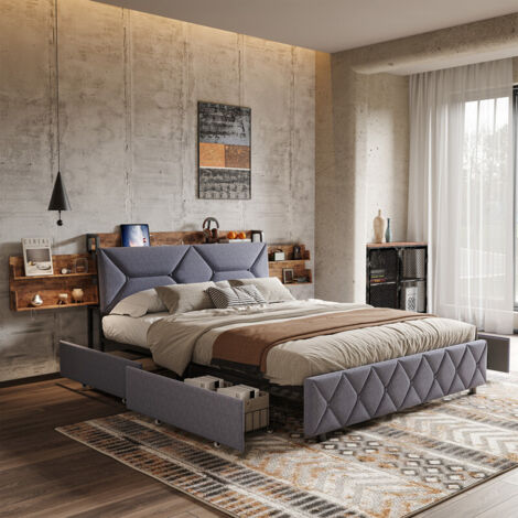 Lit double rembourré 140x200 cm, velours, tête de lit rembourrée à 95°, avec rangements cachés, ports USB et Type-C, 4 tiroirs sur roulettes, acier et bois, matelas non inclus, gris