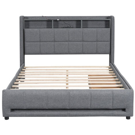 Lit double rembourré - 150 x 220 cm - avec sommier à lattes - lampe LED réglable et port de chargement USB - Capacité 226 kg - espace de rangement dans la tête de lit et sous le lit - gris