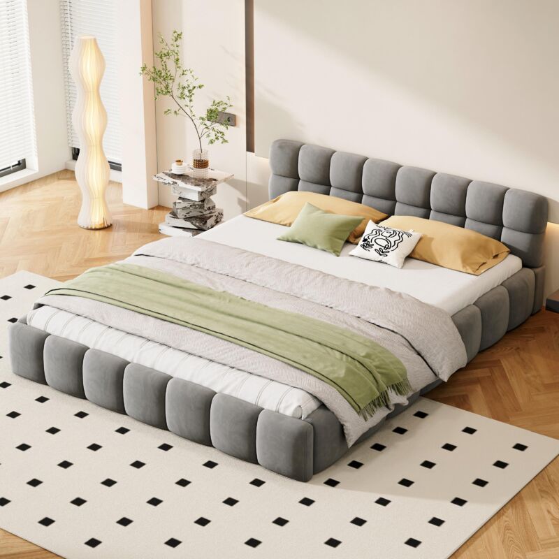 Eifson - Lit adulte 160x200 cm, avec dossier moelleux, cadre rembourré, sommier à lattes, lin, convient aux adultes et adolescents - Gris