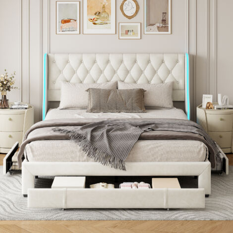 Lit Double Rembourré, 160 x 200 cm, avec éclairage LED, Lit Coffre avec 3 Tiroirs de Rangement, Cadre de Lit avec Sommier à Lattes, avec Tete de Lit Capitonné, Velours, Beige (Livraison locale)