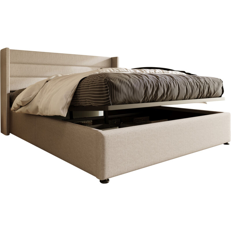 Gutent - Lit double rembourré 160 x 200 cm beige avec fonction rangement