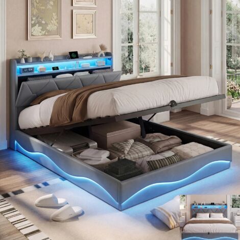 Lit double rembourré 160 x 200 cm, lit 2 places rangement avec LED, Lit coffre avec ports USB, Lit 160x200 avec sommier,Velours Gris