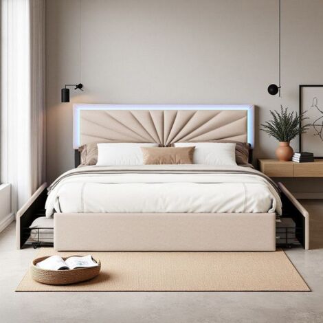 Lit double rembourré 160x200 cm avec LED et 4 tiroirs - Lit 160x200 cm avec sommier - Tête de lit réglable hauteur - Tissu beige