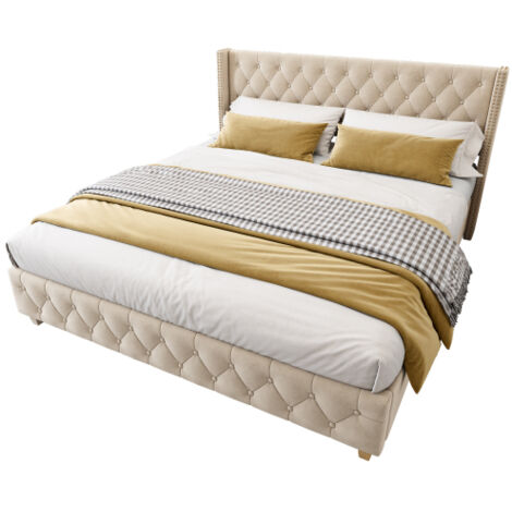 Lit double rembourré 160x200 cm beige clair bouton décor pieds bois structure à lattes velours
