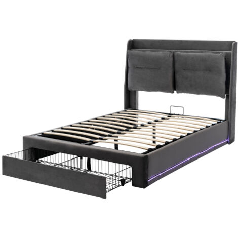 Lit double rembourré 160x200 cm gris foncé LED hydraulique 2 en 1 tiroirs sans matelas