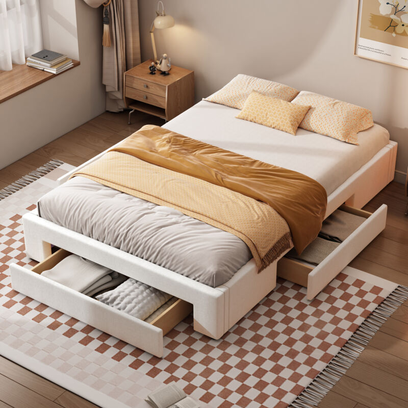 Modernluxe - Lit double rembourré 140x200cm sans tête de lit - avec 3 tiroirs - Tissu en Lin - Beige