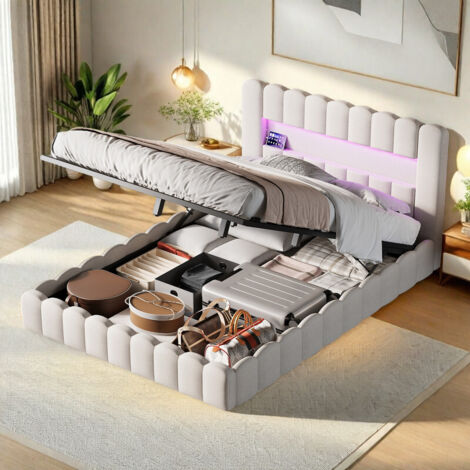 Lit double rembourré 180 x 200 avec sommier à lattes - Lit adulte avec bande lumineuse LED réglable - Tête de Lit à Rayures - Ports USB et Type-C - Lin Beige