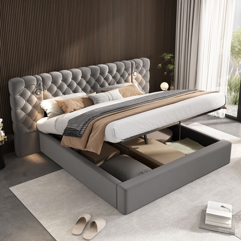 Lit double rembourré 180 x 200 cm avec LED et rangement Lit coffre avec Tête de lit rembourrée avec Lampe de lecture Velours Gris