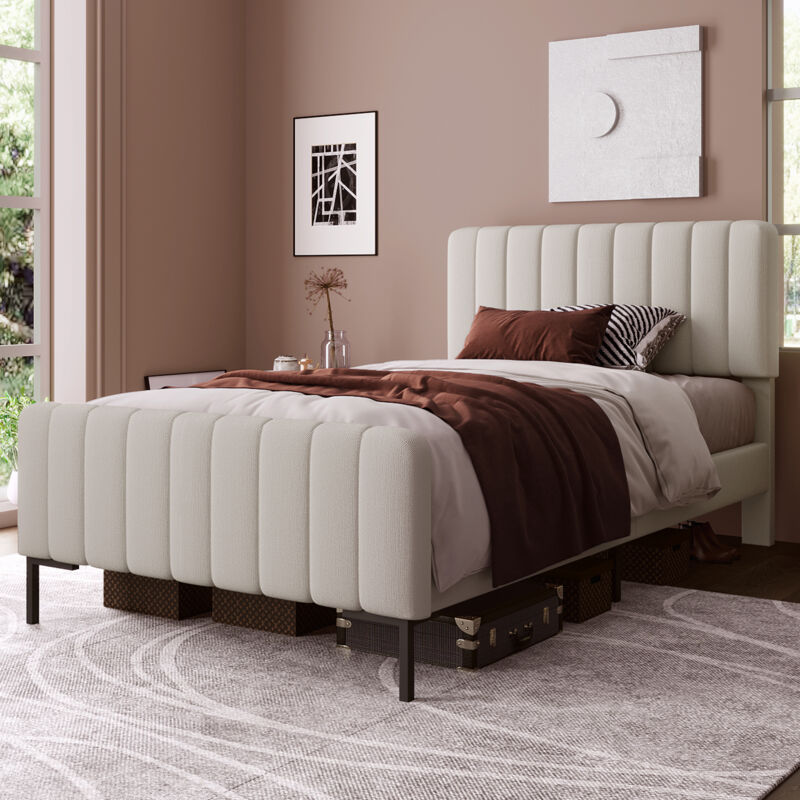 Lit simple rembourré 90 x 200 cm, cadre de lit avec sommier à lattes et tête de lit réglable, beige, lit d'adolescent pour chambre à coucher, chambre