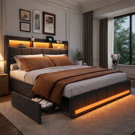 Lit double rembourré 180 x200 cm, LED et fonction de charge USB, lit double avec sommier à lattes et 4 tiroirs de rangement, tête de lit avec rangement, pour adultes et adolescents, king size, lin