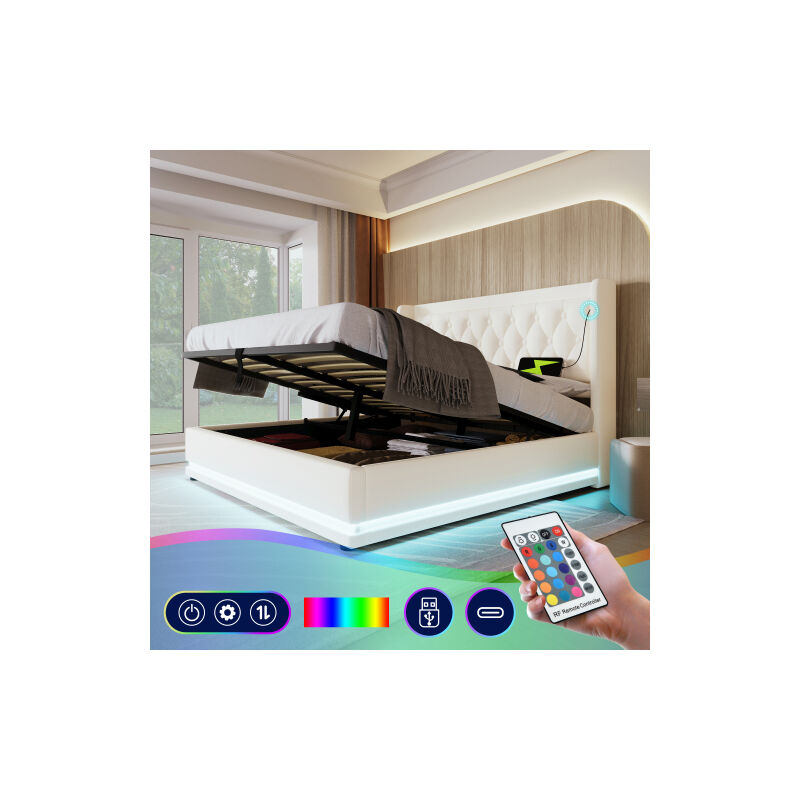 Lit double rembourré 180200 cm,Blanc Matériau PU Lit de rangement hydraulique, tête de lit rembourrée avec fonction de chargement USB Type-C,