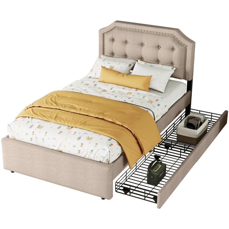 Gutent - Lit double rembourré 90 x 200 cm, double tiroir, beige foncé