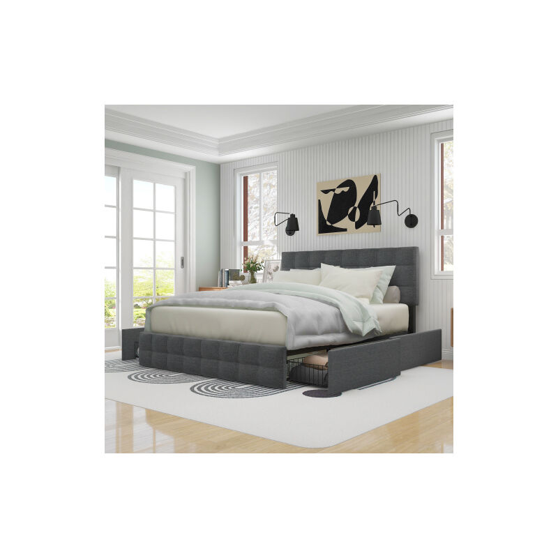 Lit double rembourré avec 4 tiroirs de rangement, tête de lit réglable en hauteur, support sommier à lattes en métal, matériau en lin (140200cm, gris)