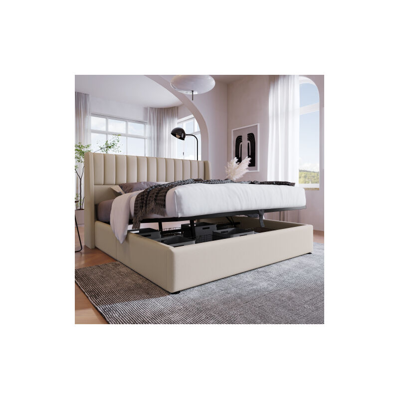 Liberté - Lit double rembourré avec coffre de rengement hydraulique 180x200cm, Sommier à lattes en bois et métal, Lin, Beige