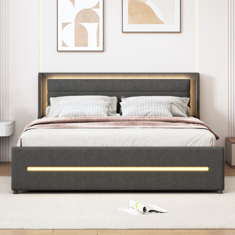 Lit double rembourré avec éclairage LED à changement de couleur, quatre compartiments de rangement, tissu en lin, gris - 160200