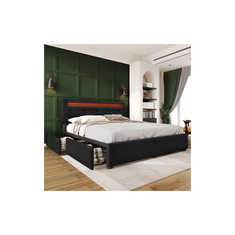Liberté - Lit double rembourré avec éclairage led et 4 tiroirs 140x200cm, tête de lit réglable en hauteur, sommier à lattes en bois, noir (sans