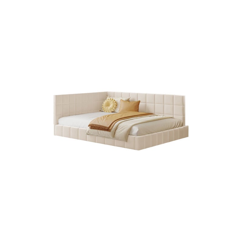 Lit double rembourré avec grand dossier 140200 avec sommier à lattes en velours doux, beige
