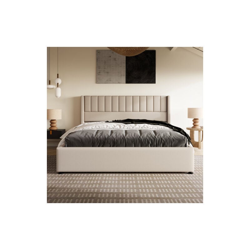 Liberté - Lit double rembourré avec rangement, hydraulique 140x200cm, sommier à lattes en bois, lit avec sommier en métal, lin, beige