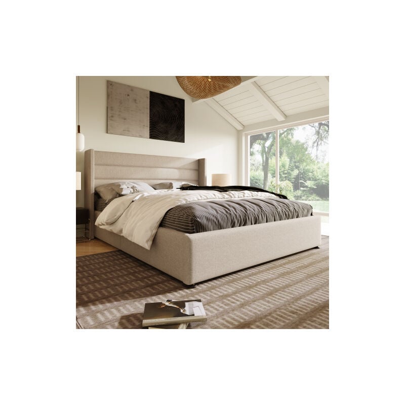 Lit double rembourré avec rangement, lit double hydraulique 160x200cm, sommier à lattes en bois, lin, beige