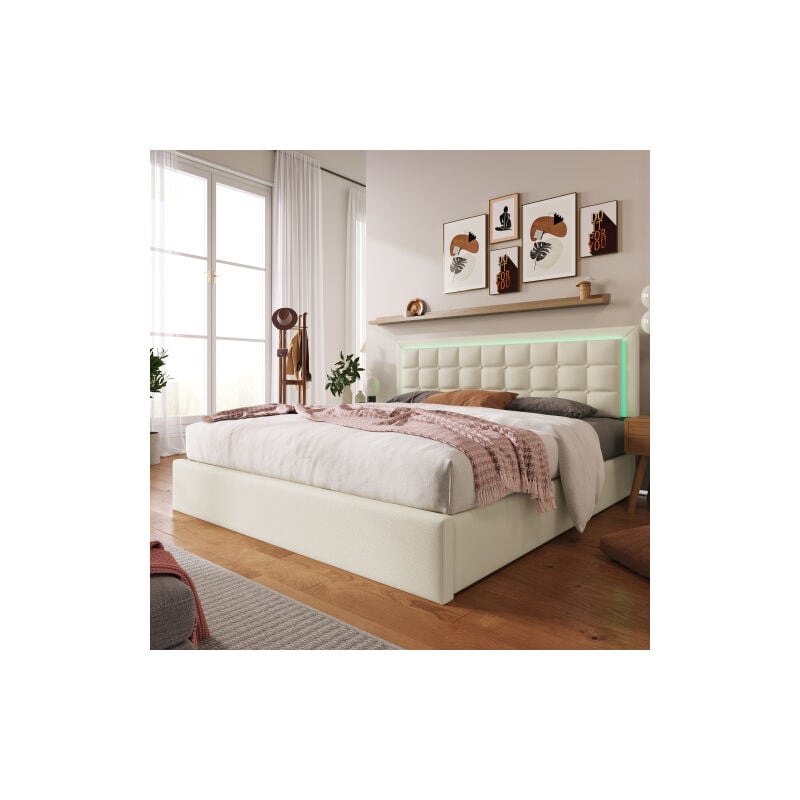 Lit double rembourré avec sommier à lattes, coffre espace de rangement et bandeau à led 140x200 cm, revêtement en similicuir blanc