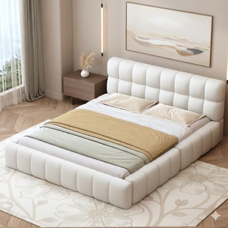 Lit Double Rembourré avec Tête de Lit Confortable - Design Élégant - Tissu Coton Lin - Robuste - 140x200 cm - Beige
