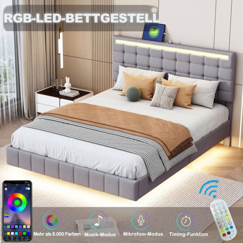 Lit adulte, éclairage LED, lit double, USB, lin, sans matelas, 140 x 200 cm gris - B