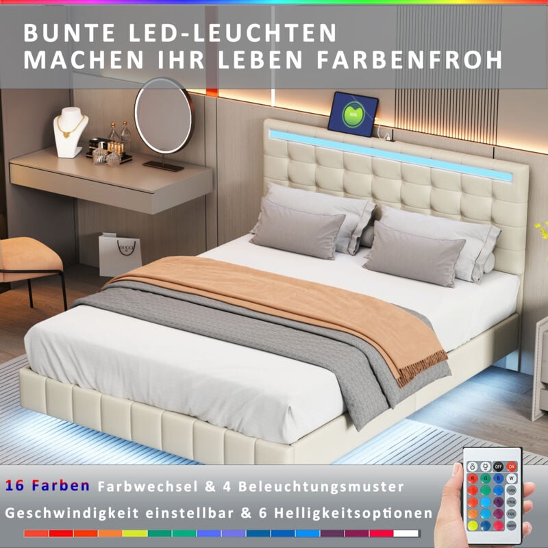 Lit adulte, éclairage led, lit double, usb, lin, sans matelas, 140 x 200 cm beige - b