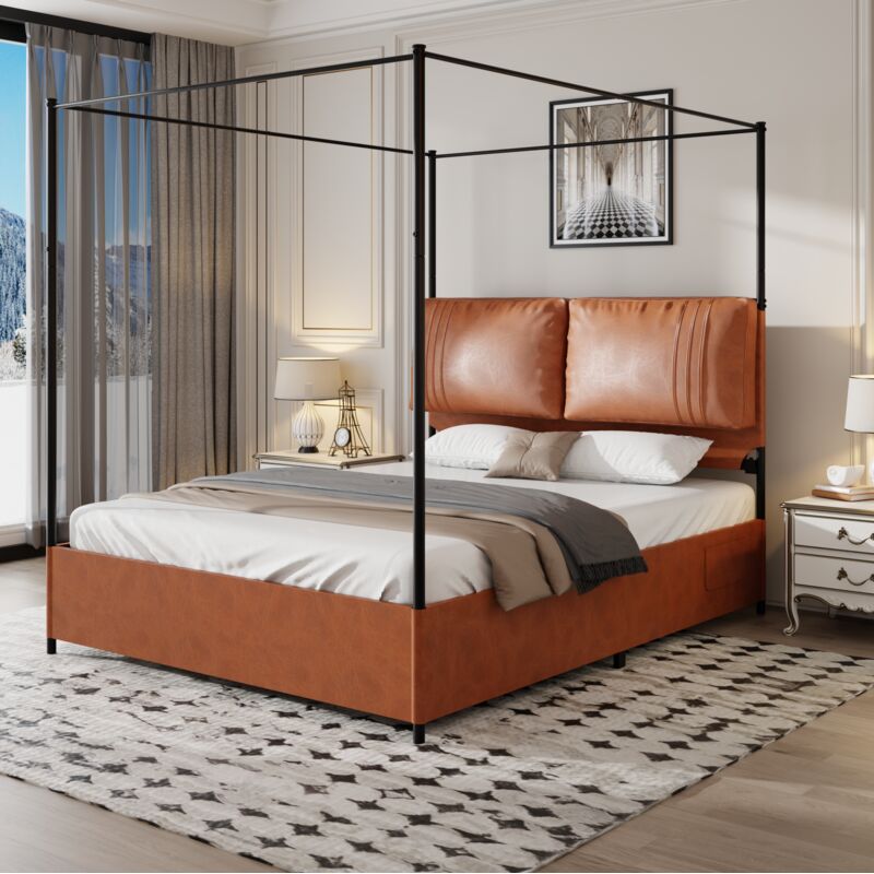 Lit double rembourré Cuir 160x200 cm Lit adulte avec Cadre de lit fer et Tête de lit haute Support rideau de lit Multifonctionnel Style moderne