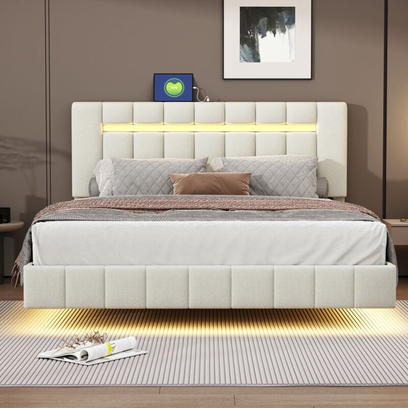 Modernluxe - Lit rembourré en lin - 160x200cm - avec éclairage led et Ports de charge usb - Beige