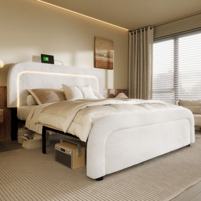 Modernluxe - Lit double rembourré en sherpa - 140x200cm - avec led et ports de charge - Blanc