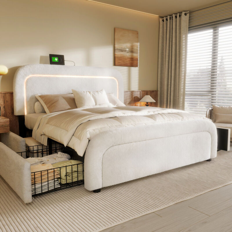 Lit double rembourré en sherpa avec 2 tiroirs - 140x200cm - avec led et ports de charge - Blanc