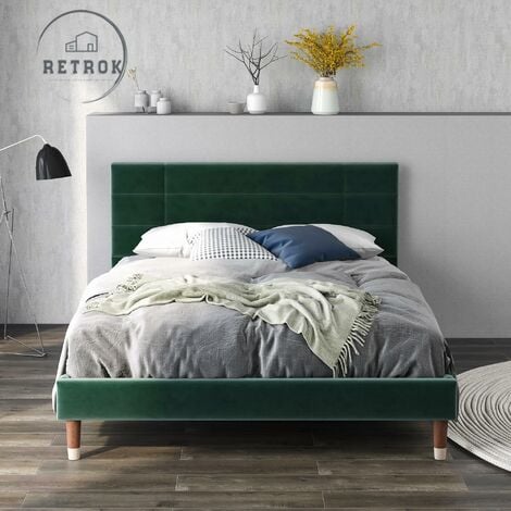 RETROK Lit double rembourré en velours vert foncé, 140x200cm, cadre de lit avec sommier à lattes et tête de lit, pour adultes et adolescents (matelas non inclus)