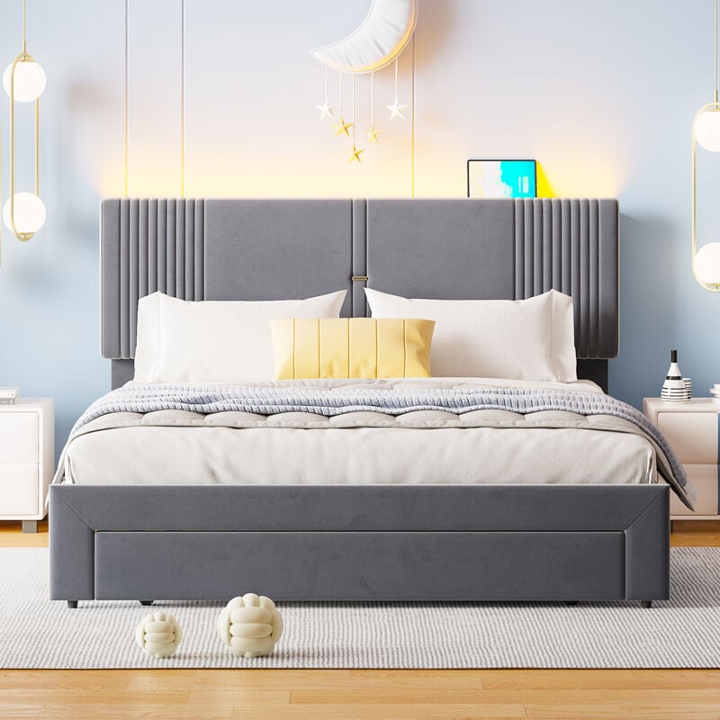 Modernluxe - Lit double rembourré en velours 160x200cm - avec led et Port de charge usb - avec un grand tiroir - Gris