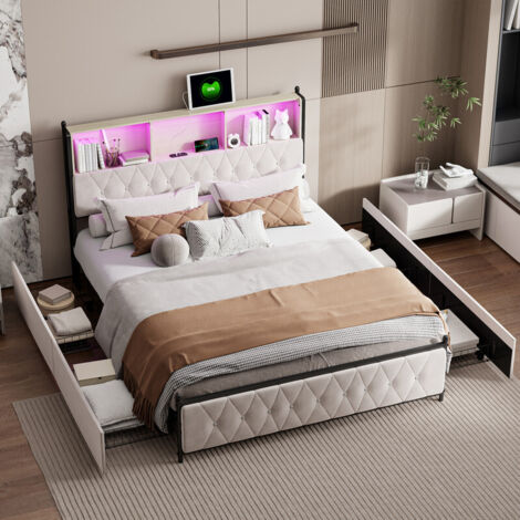 Lit double rembourré en velours 180 x 200 cm avec éclairage LED, tête de lit coffre, port USB et Type-C, 4 tiroirs sous le lit, lit adulte, lit d'ado, beige