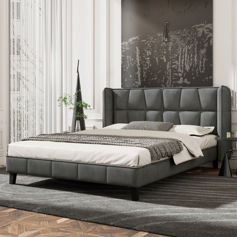 Modernluxe - Lit double rembourré en velours - 180x200cm - avec sommier à lattes - Gris
