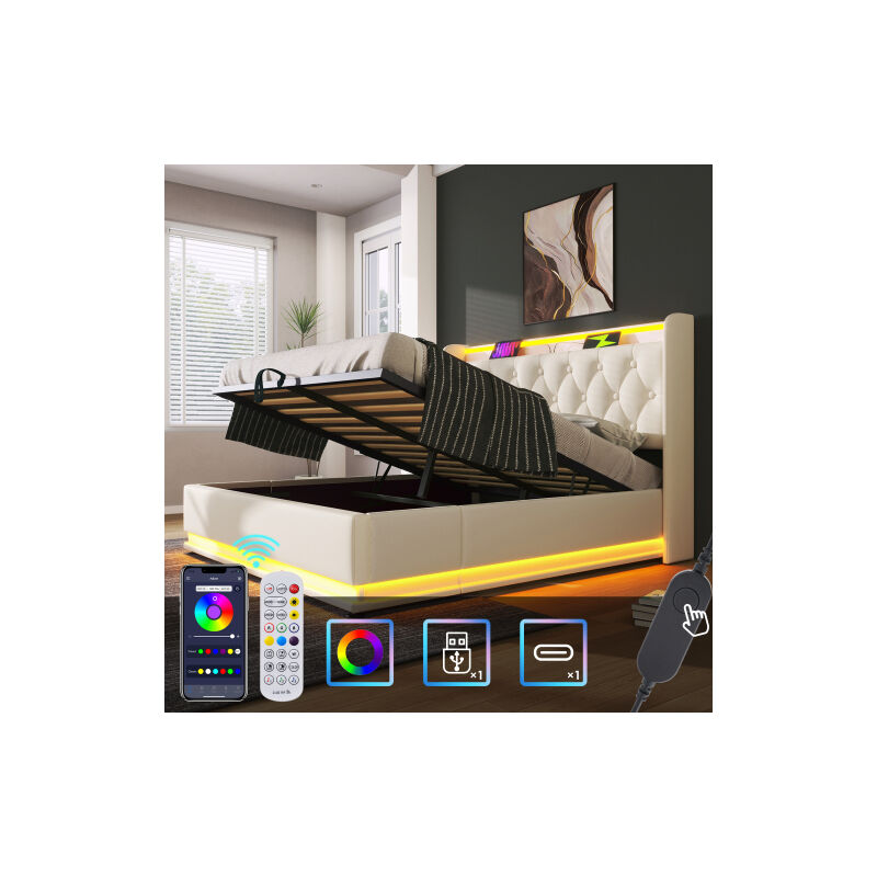 Lit double rembourré, fonction LED 360 surround, bouton poussoir/application/télécommande, 160200 cm, blanc Matériau PU Lit de camp hydraulique, tête