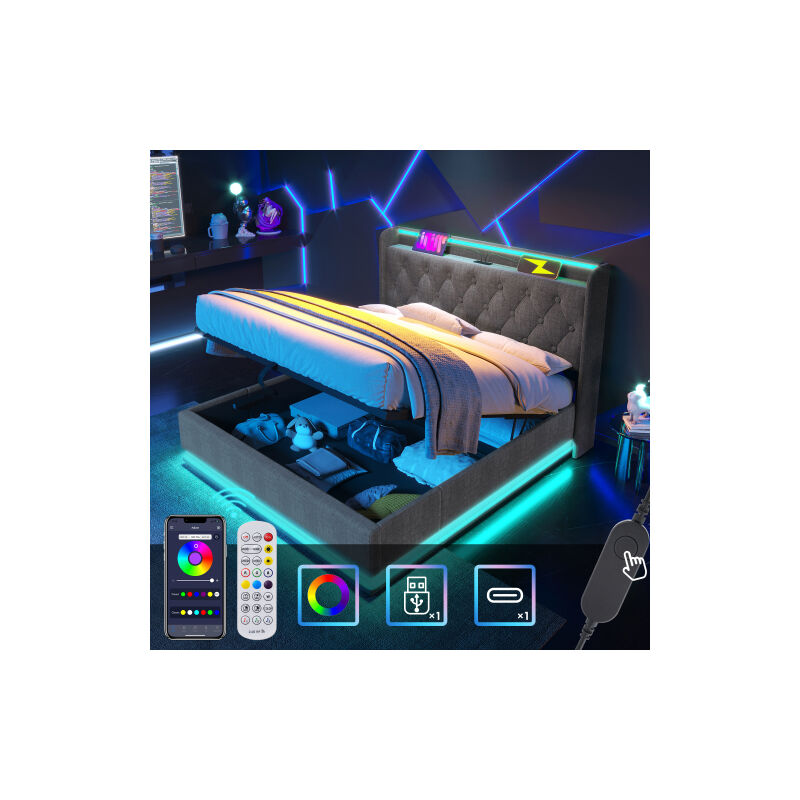 Lit double rembourré, fonction LED 360 surround, bouton poussoir/application/télécommande,180200 cm,Matériau lin gris Lit de camp hydraulique, tête